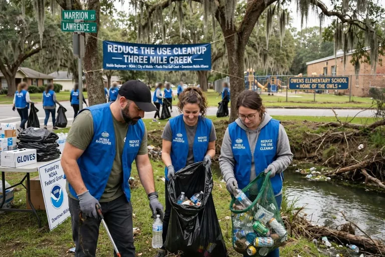 Illustration for the news story: Mobile Baykeeper Brings ‘Reduce the Use’ Cleanup to Three Mile Creek Neighborhood