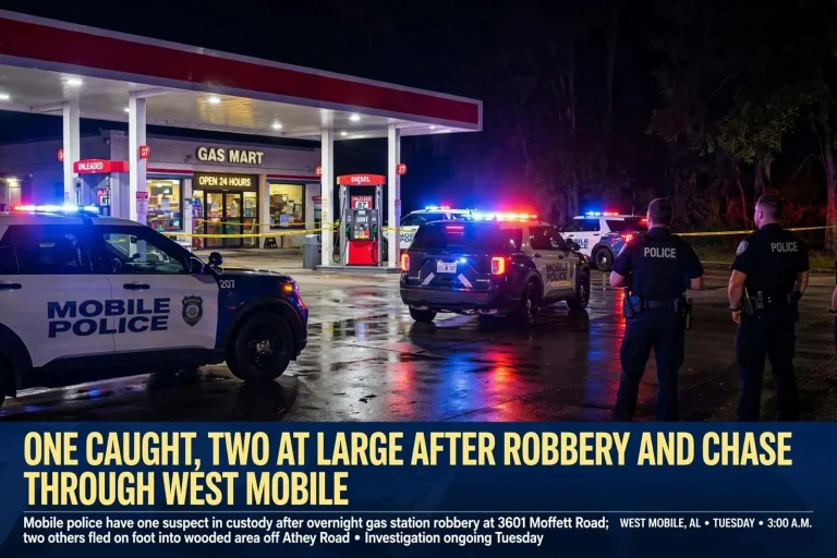 Illustration for the news story: One Caught, Two at Large After Robbery and Chase Through West Mobile
