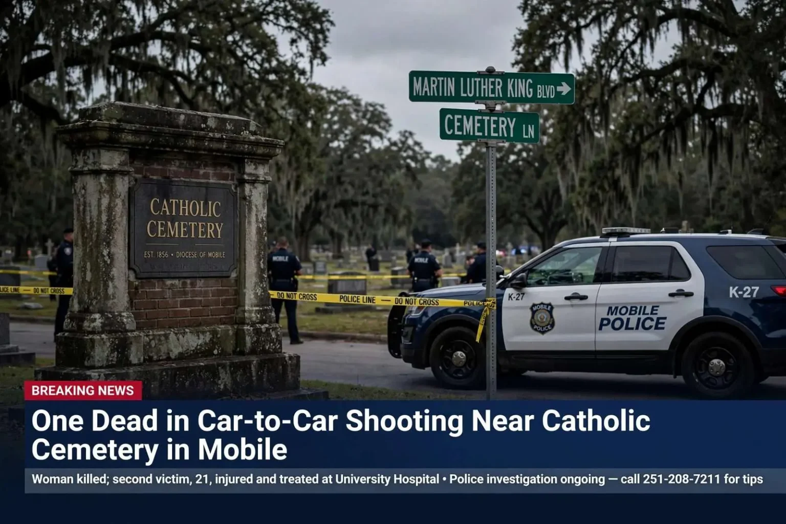 Illustration for the news story: One Dead in Car-to-Car Shooting Near Catholic Cemetery in Mobile