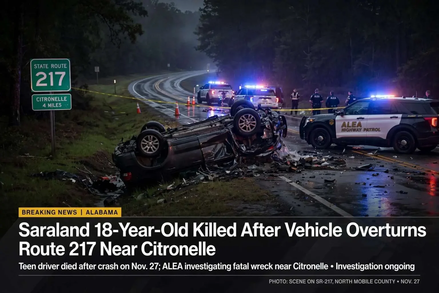 Illustration for the news story: Saraland 18-Year-Old Killed After Vehicle Overturns on State Route 217 Near Citronelle
