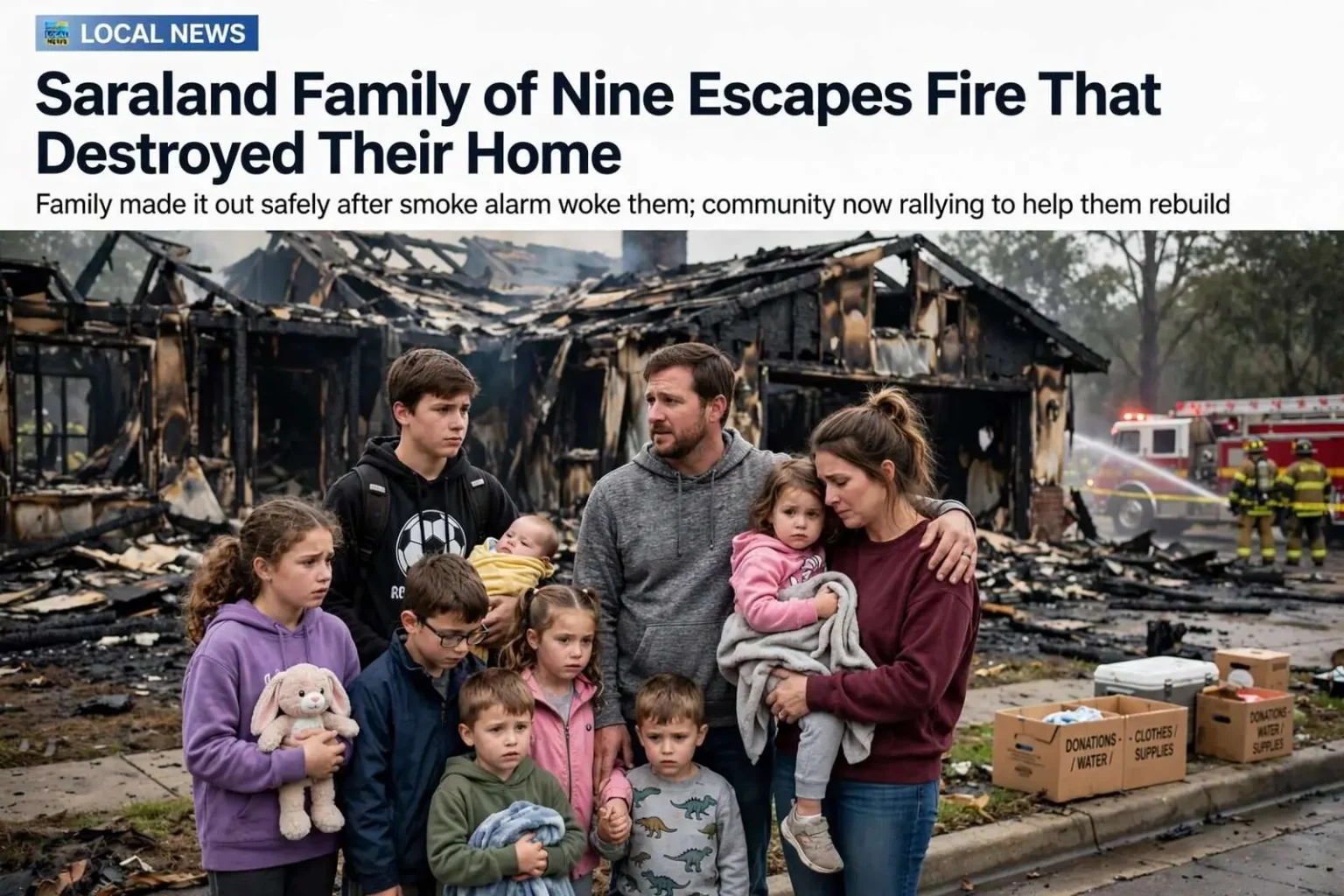 Illustration for the news story: Saraland Family of Nine Escapes Fire That Destroyed Their Home