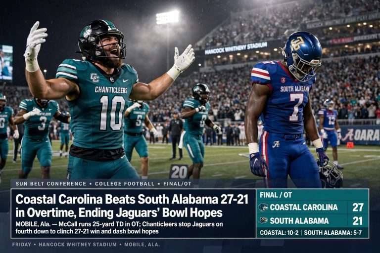 Illustration for the news story: Coastal Carolina Beats South Alabama 27-21 in Overtime, Ending Jaguars’ Bowl Hopes