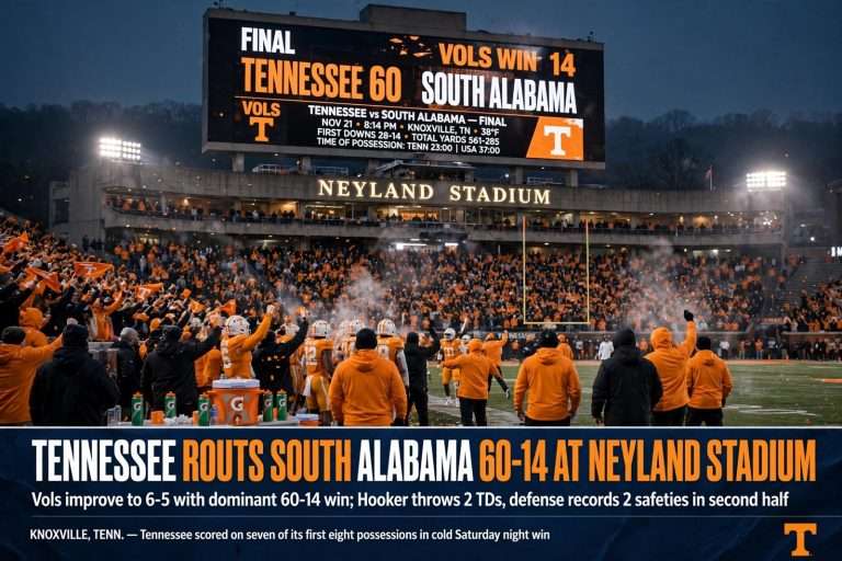 Illustration for the news story: Tennessee Routs South Alabama 60-14 at Neyland Stadium