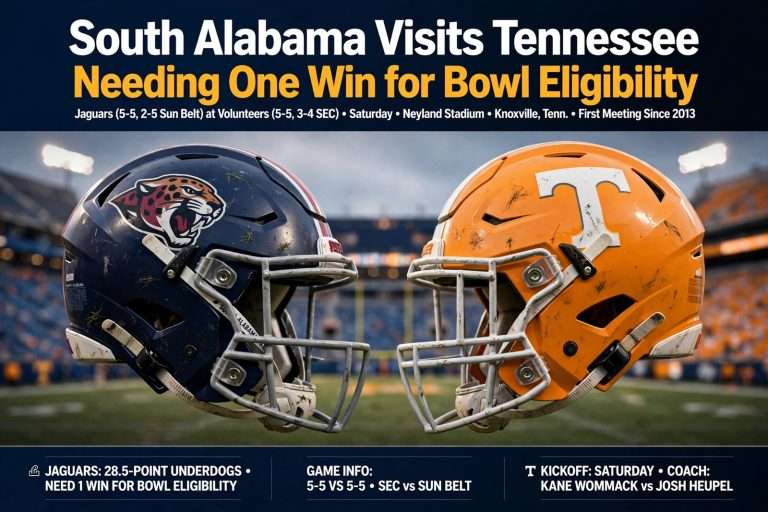 Illustration for the news story: South Alabama Visits Tennessee Needing One Win for Bowl Eligibility