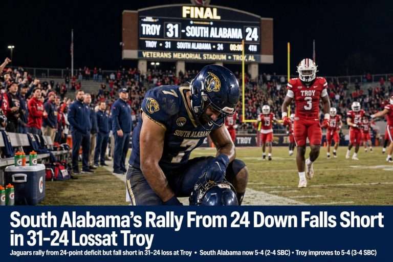 Illustration for the news story: South Alabama’s Rally From 24 Down Falls Short in 31-24 Loss at Troy
