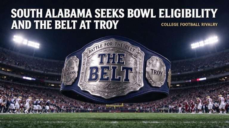 Illustration for the news story: South Alabama Seeks Bowl Eligibility and the Belt at Troy