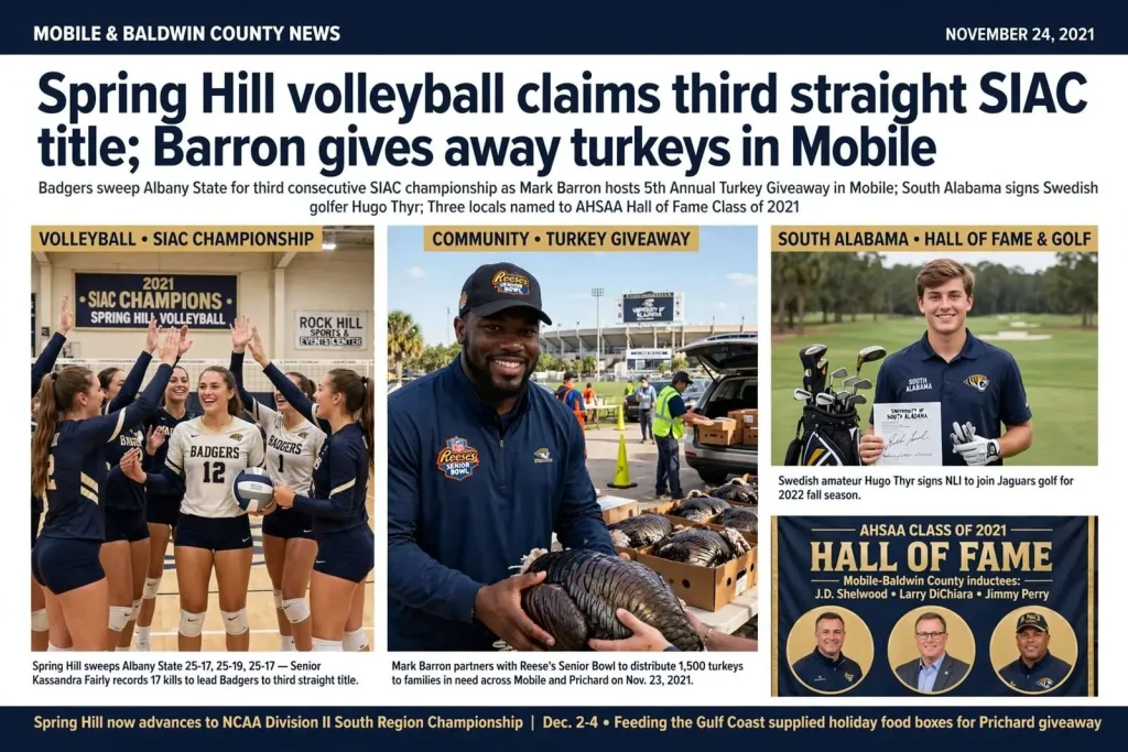 Illustration for the news story: Spring Hill volleyball claims third straight SIAC title; Barron gives away turkeys in Mobile