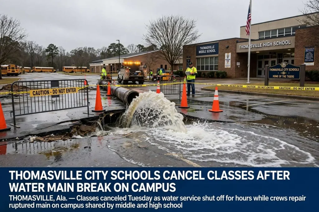 Illustration for the news story: Thomasville City Schools Cancel Classes After Water Main Break on Campus