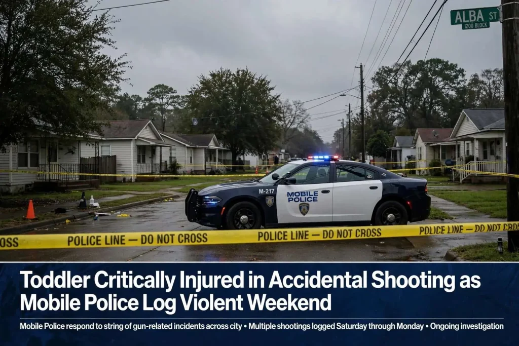 Illustration for the news story: Toddler Critically Injured in Accidental Shooting as Mobile Police Log Violent Weekend