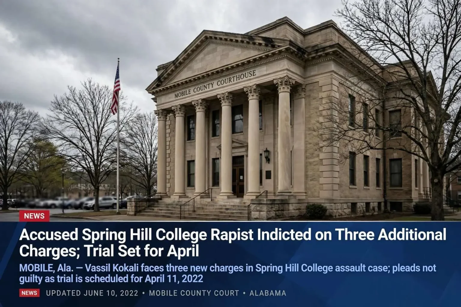Illustration for the news story: Accused Spring Hill College Rapist Indicted on Three Additional Charges; Trial Set for April