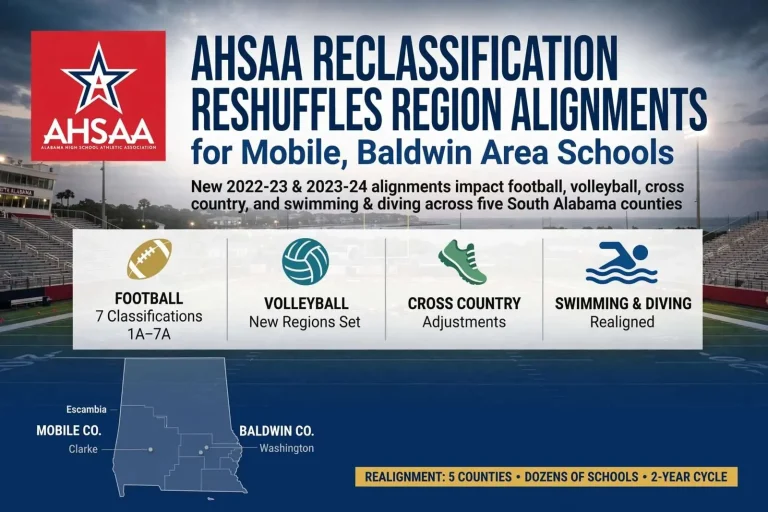 Illustration for the news story: AHSAA Reclassification Reshuffles Region Alignments for Mobile, Baldwin Area Schools