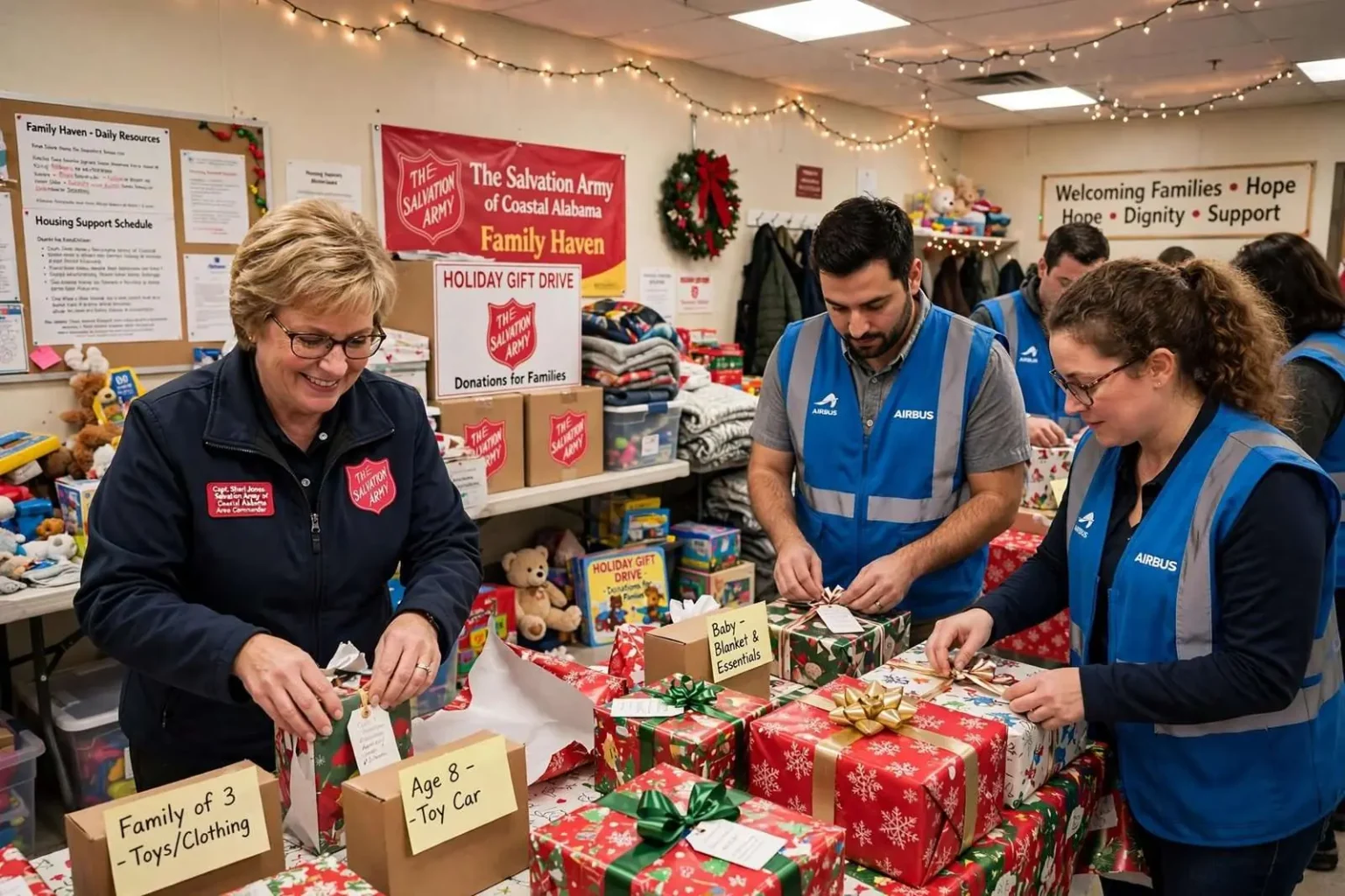 Illustration for the news story: Airbus Partners with Salvation Army to Bring Holiday Gifts to Families at Mobile Shelter