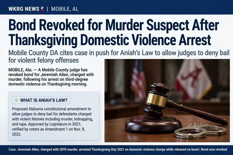Illustration for the news story: Mobile Murder Suspect’s Bond Revoked After Thanksgiving Domestic Violence Arrest; DA Cites Case in Push for Aniah’s Law