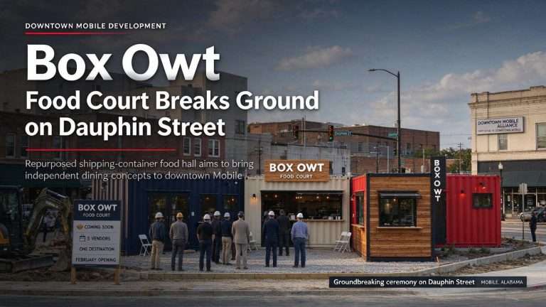 Illustration for the news story: ‘Box Owt’ Food Court Breaks Ground on Dauphin Street in Downtown Mobile