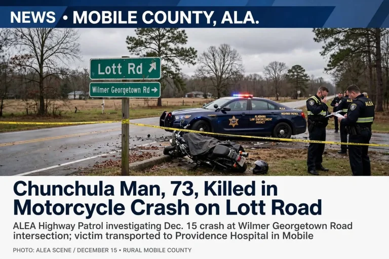 Illustration for the news story: Chunchula Man, 73, Killed in Motorcycle Crash on Lott Road