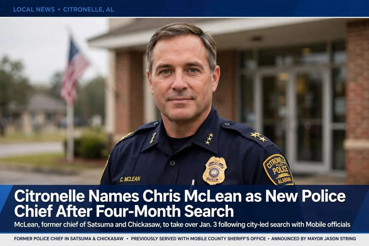 Illustration for the news story: Citronelle Names Chris McLean as New Police Chief After Four-Month Search