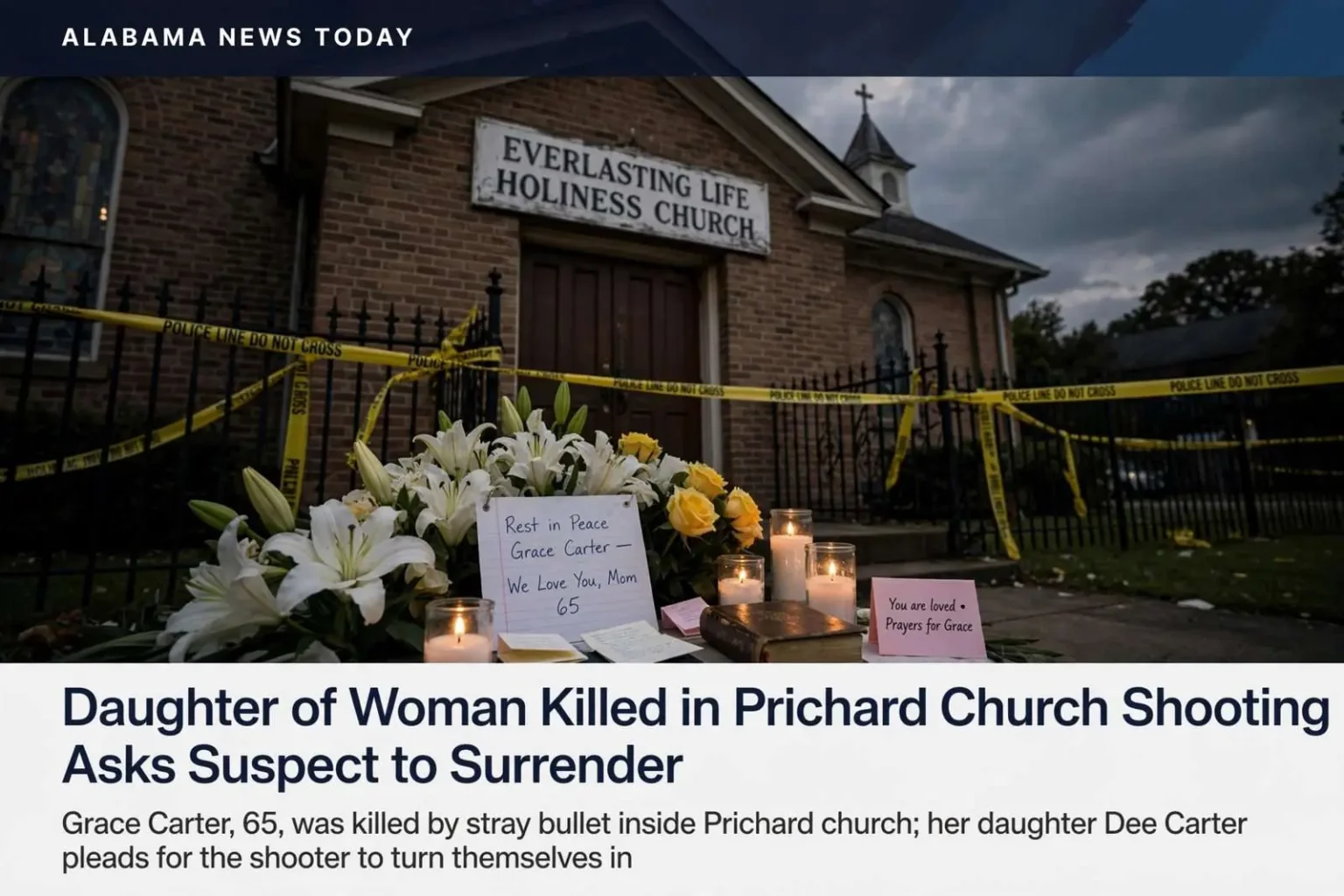 Illustration for the news story: Daughter of Woman Killed in Prichard Church Shooting Asks Suspect to Surrender