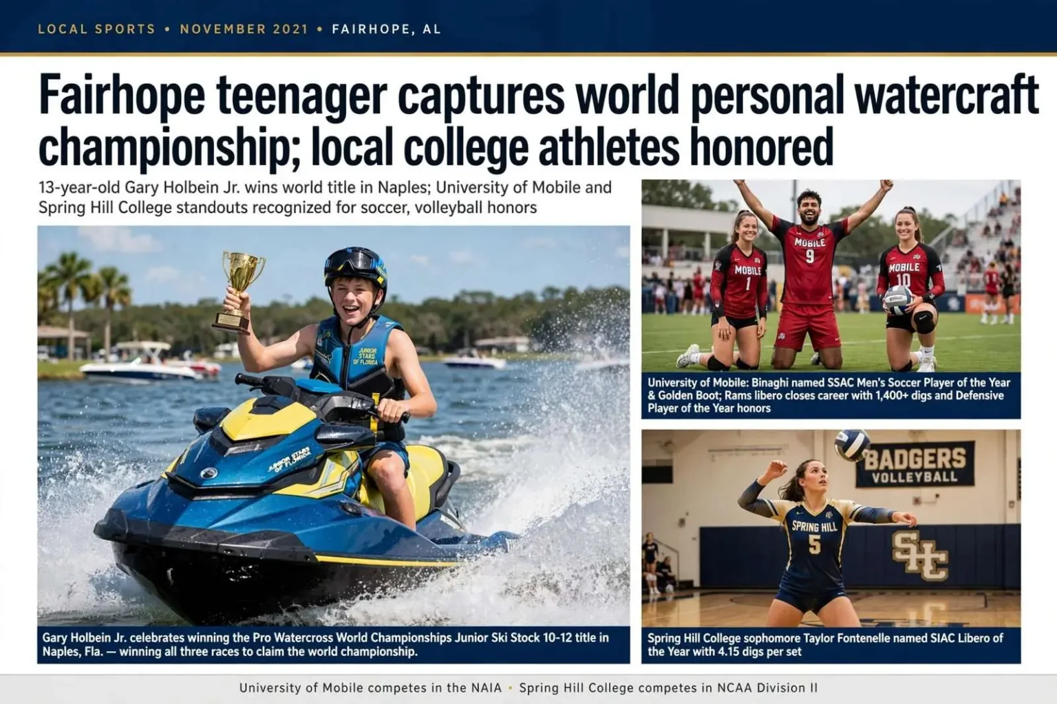 Illustration for the news story: Fairhope teenager captures world personal watercraft championship; local college athletes honored