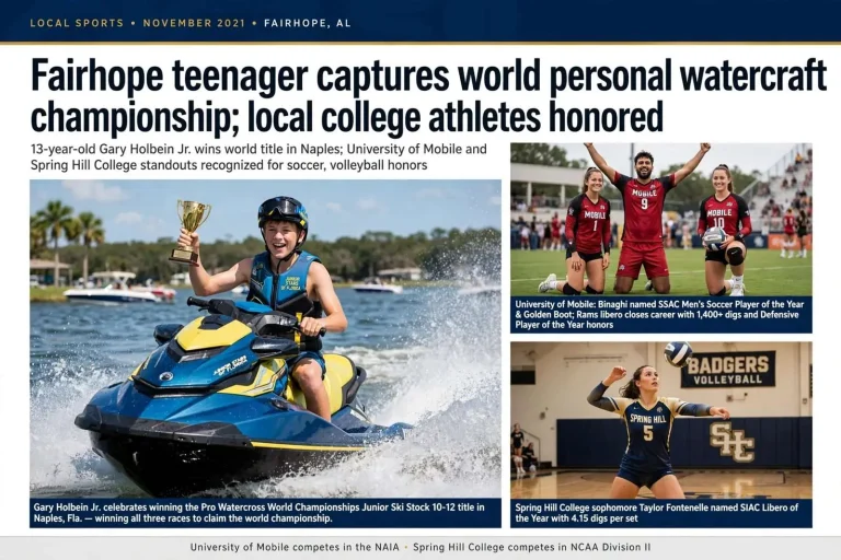 Illustration for the news story: Fairhope teenager captures world personal watercraft championship; local college athletes honored