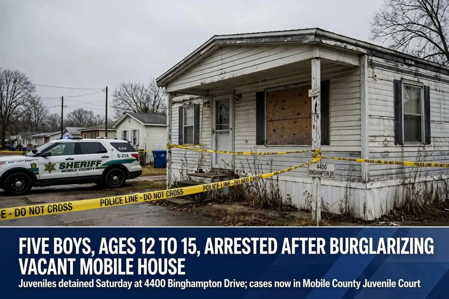 Illustration for the news story: Five Boys, Ages 12 to 15, Arrested After Burglarizing Vacant Mobile House