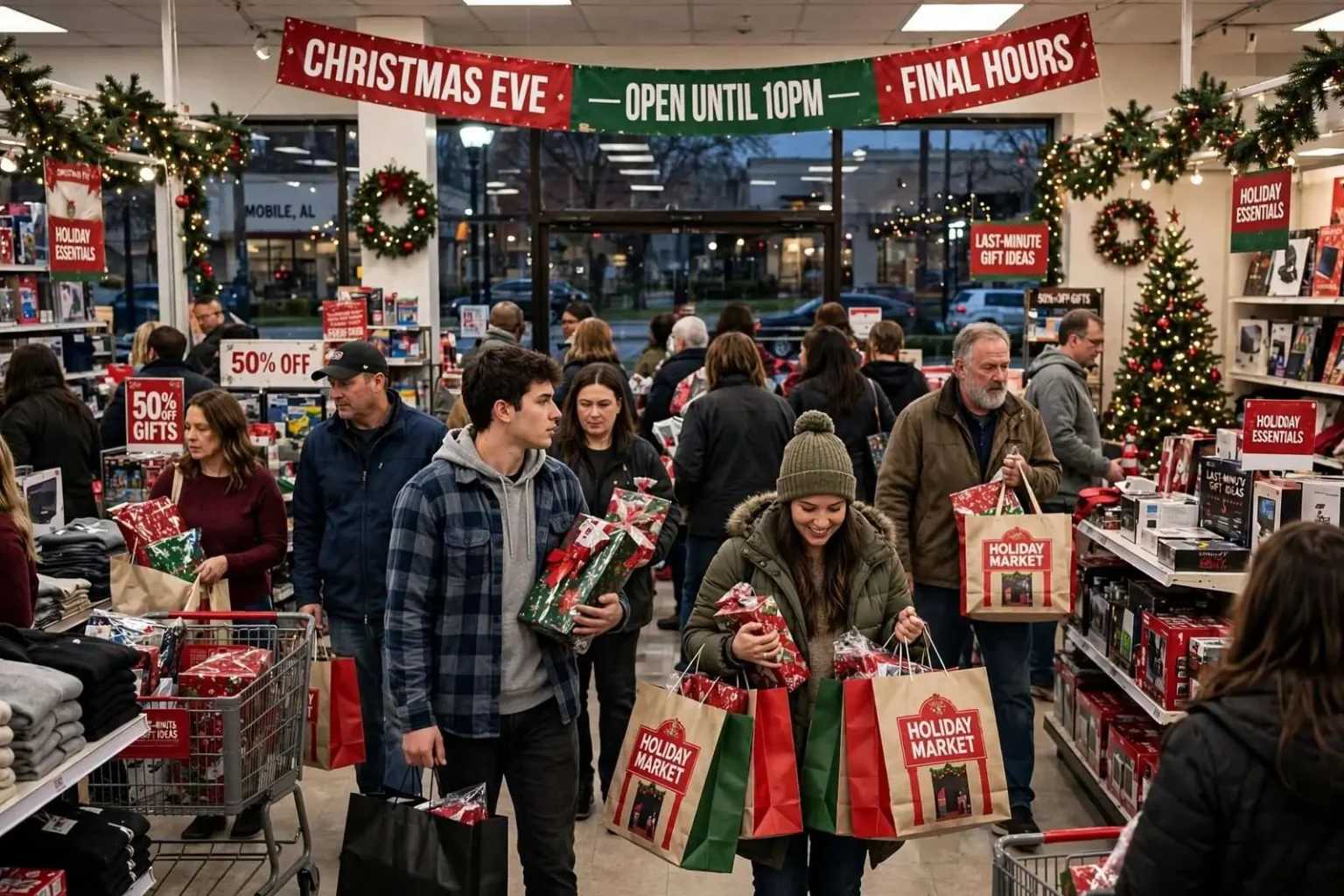 Illustration for the news story: Last-minute Christmas shoppers flood Mobile stores hours before the holiday