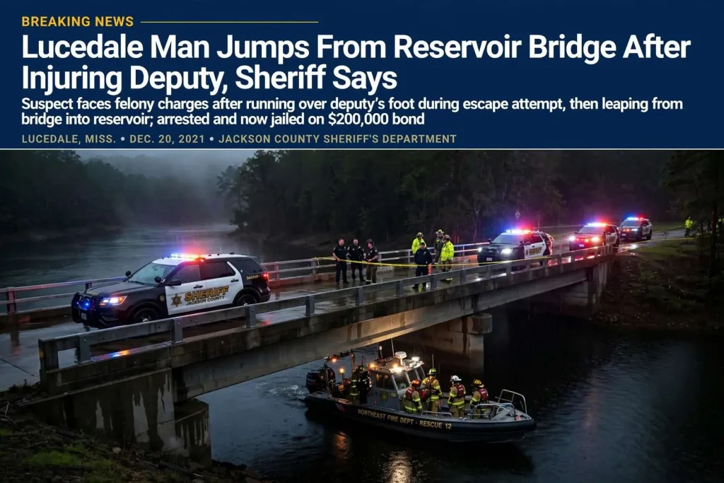 Illustration for the news story: Lucedale Man Jumps From Reservoir Bridge After Injuring Deputy, Sheriff Says