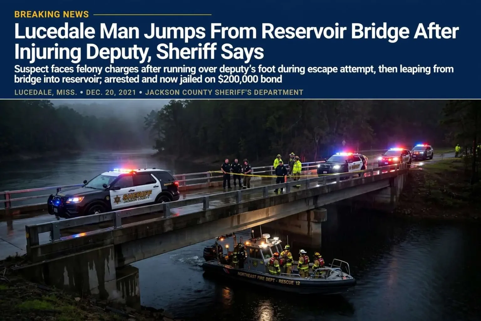 Illustration for the news story: Lucedale Man Jumps From Reservoir Bridge After Injuring Deputy, Sheriff Says