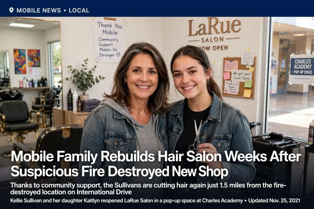 Illustration for the news story: Mobile Family Rebuilds Hair Salon Weeks After Suspicious Fire Destroyed New Shop