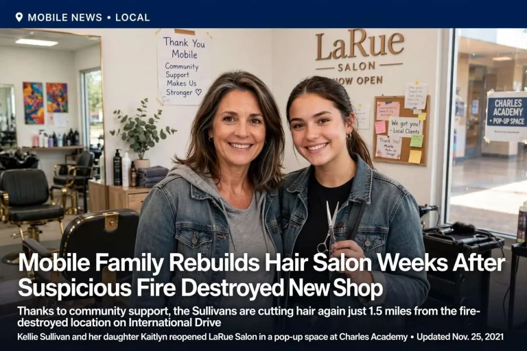 Illustration for the news story: Mobile Family Rebuilds Hair Salon Weeks After Suspicious Fire Destroyed New Shop