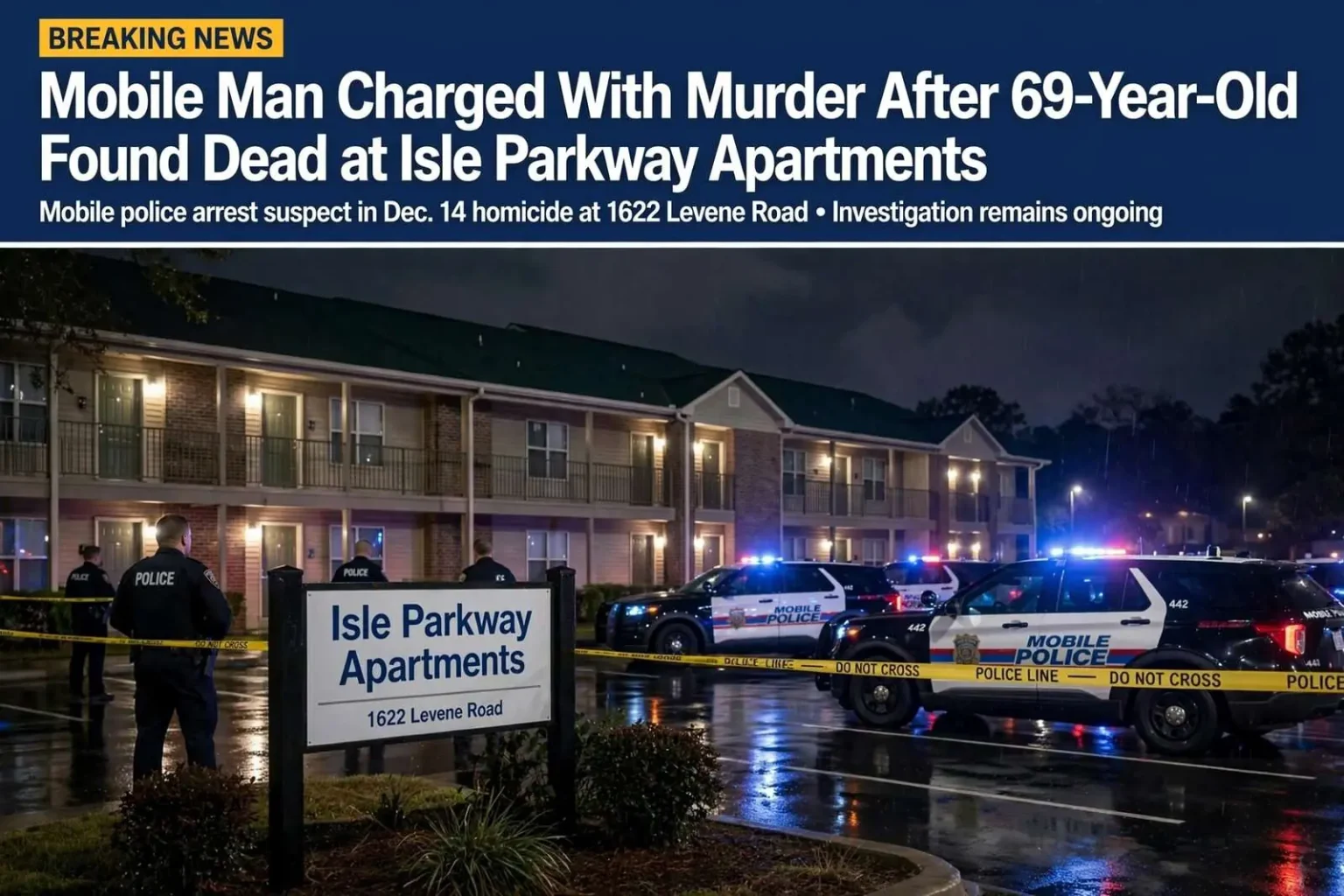 Illustration for the news story: Mobile Man Charged With Murder After 69-Year-Old Found Dead at Isle Parkway Apartments
