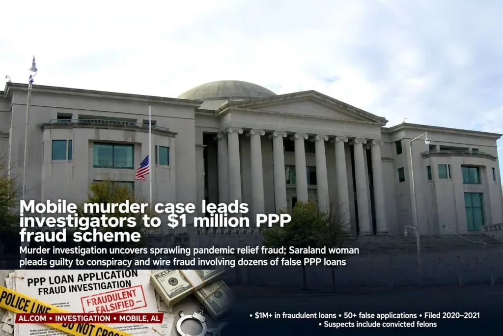 Illustration for the news story: Mobile murder case leads investigators to $1 million PPP fraud scheme