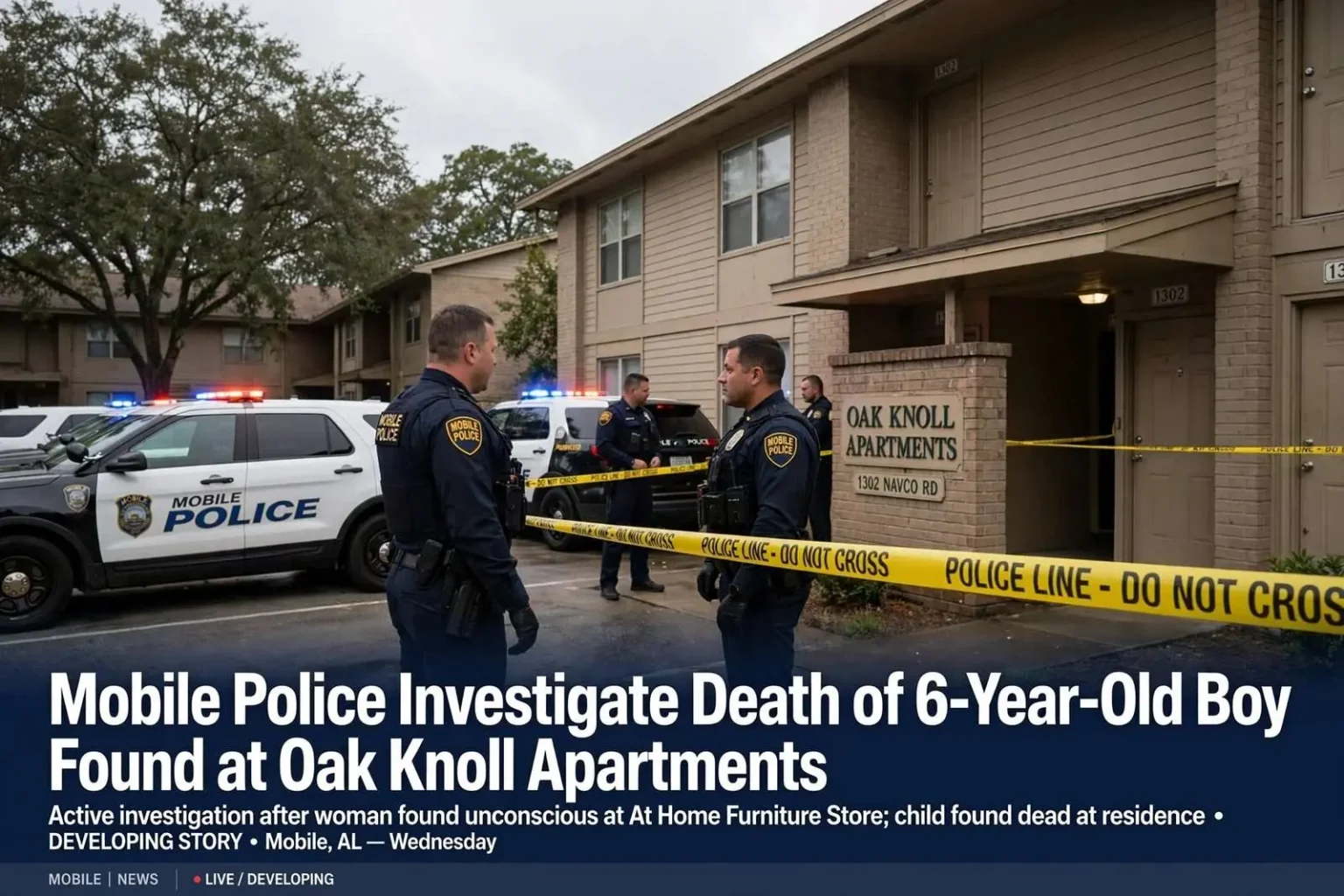 Illustration for the news story: Mobile Police Investigate Death of 6-Year-Old Boy Found at Oak Knoll Apartments