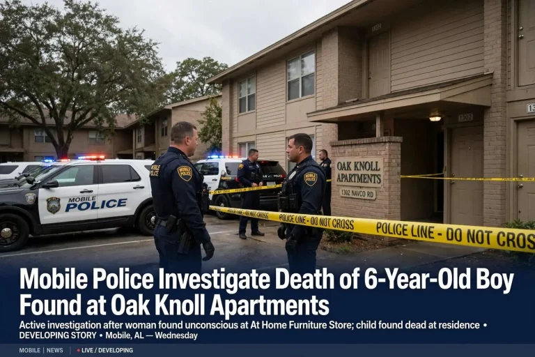 Illustration for the news story: Mobile Police Investigate Death of 6-Year-Old Boy Found at Oak Knoll Apartments