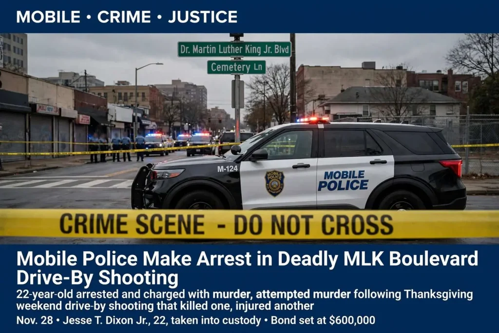Illustration for the news story: Mobile Police Make Arrest in Deadly MLK Boulevard Drive-By Shooting