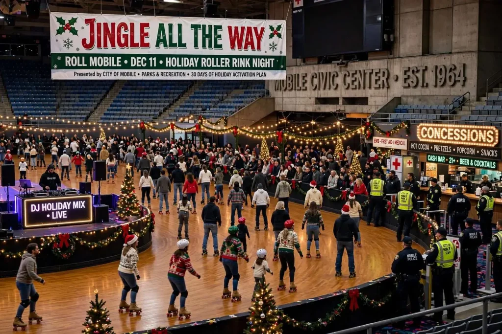 Illustration for the news story: Mobile Turns Civic Center Arena Into Giant Holiday Roller Rink for One-Night Celebration