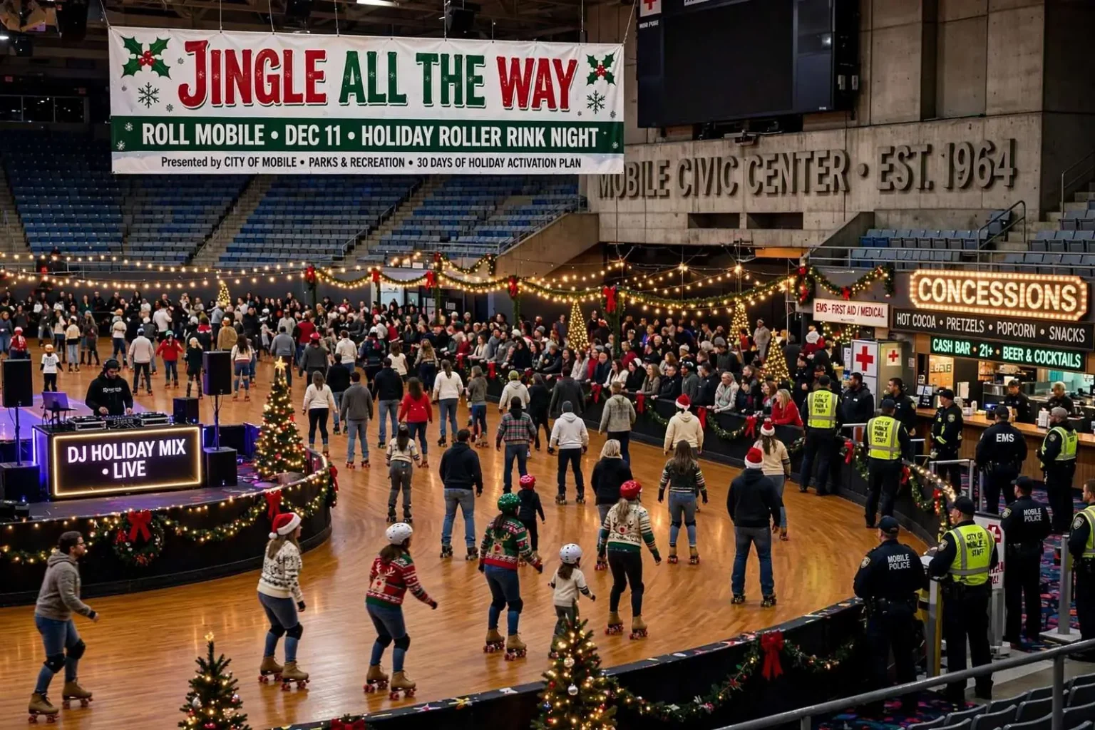 Illustration for the news story: Mobile Turns Civic Center Arena Into Giant Holiday Roller Rink for One-Night Celebration