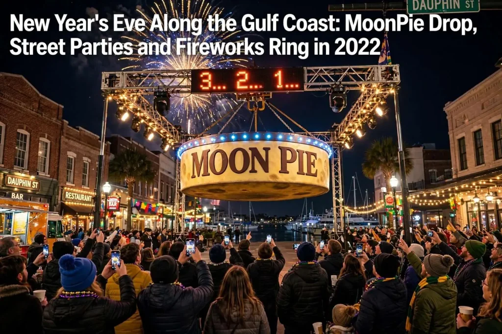 Illustration for the news story: New Year’s Eve Along the Gulf Coast: MoonPie Drop, Street Parties and Fireworks Ring in 2022