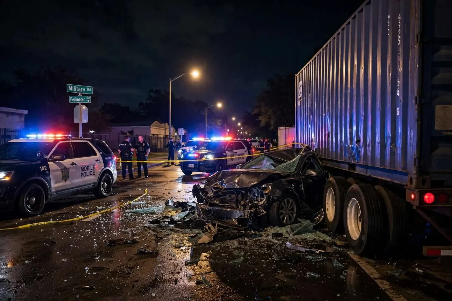 Illustration for the news story: Speeding Driver Dies After Crashing Into Parked Trailer on Military Road, Mobile Police Say