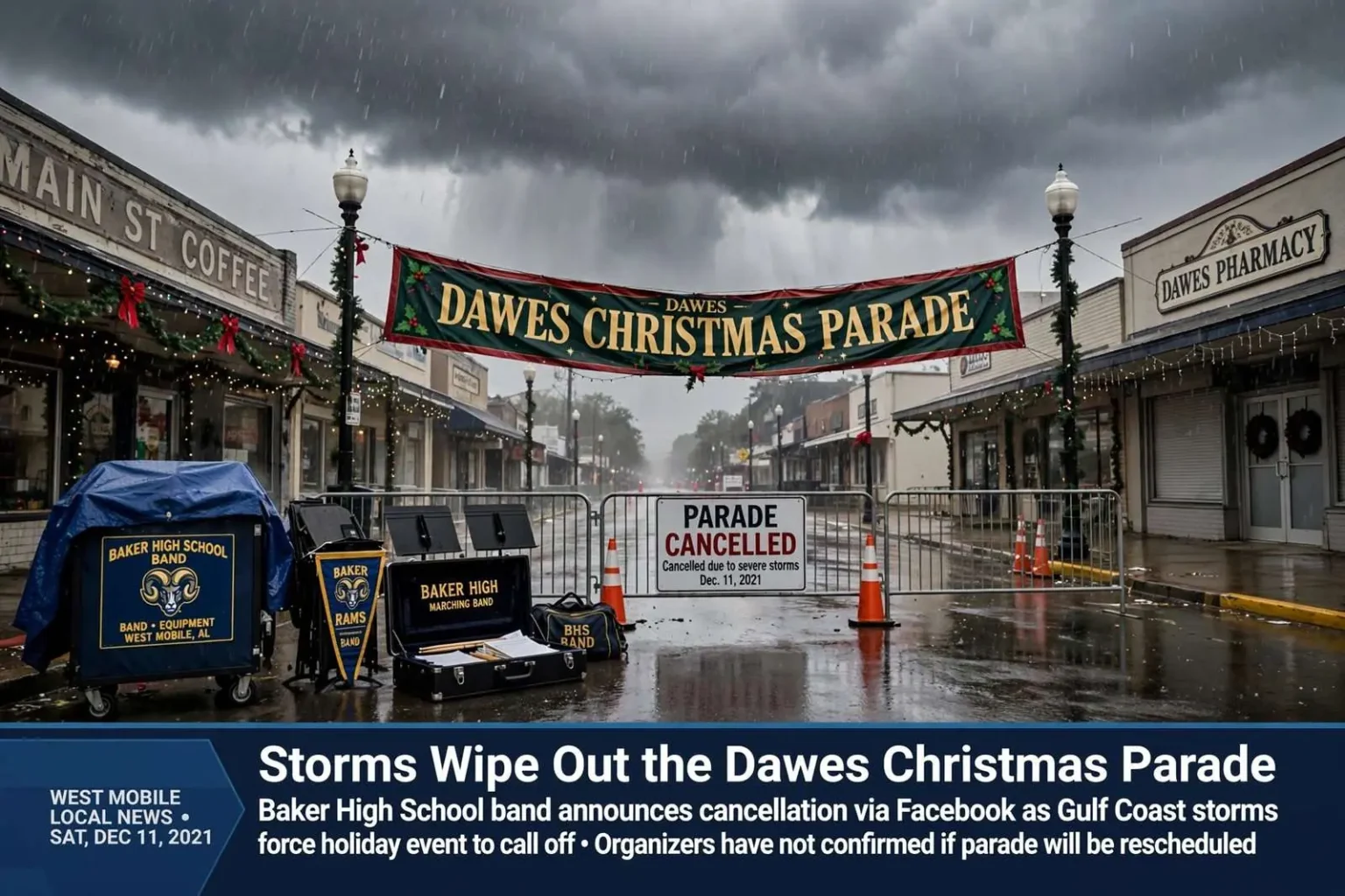 Illustration for the news story: Storms Wipe Out the Dawes Christmas Parade as Baker High Band Announces Cancellation