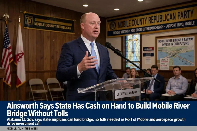 Illustration for the news story: Ainsworth Says State Has Cash on Hand to Build Mobile River Bridge Without Tolls