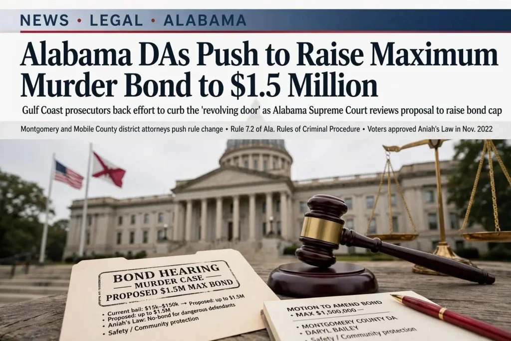 Illustration for the news story: Alabama DAs Push to Raise Maximum Murder Bond to $1.5 Million