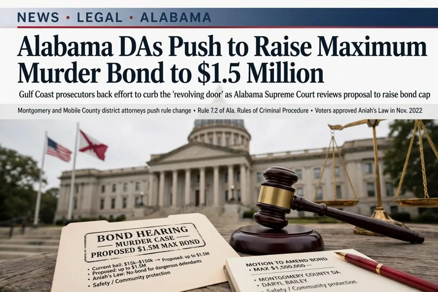 Illustration for the news story: Alabama DAs Push to Raise Maximum Murder Bond to $1.5 Million