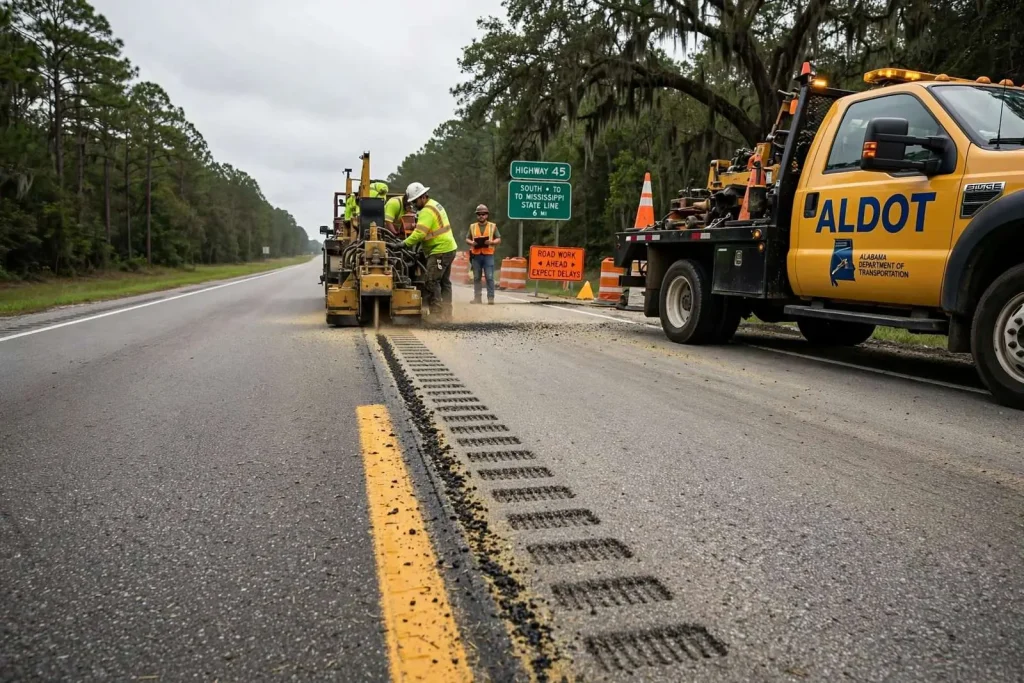 Illustration for the news story: ALDOT Grooves Centerline of Highway 45 in Push to Curb Deadly Head-On Crashes