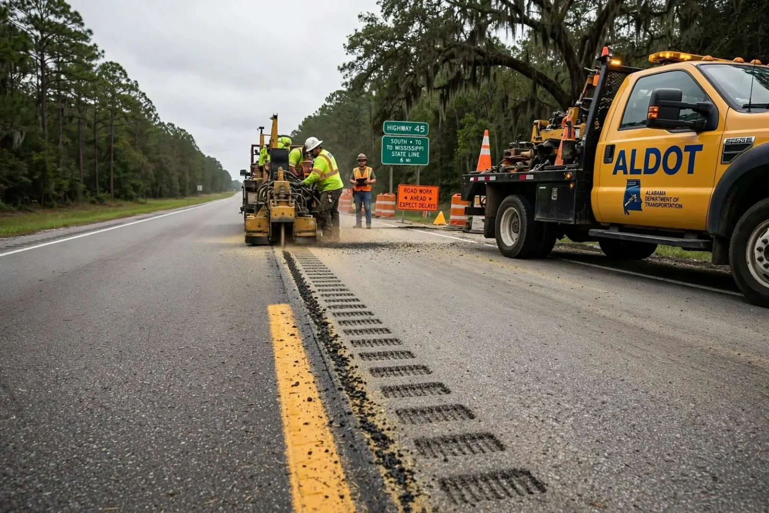 Illustration for the news story: ALDOT Grooves Centerline of Highway 45 in Push to Curb Deadly Head-On Crashes