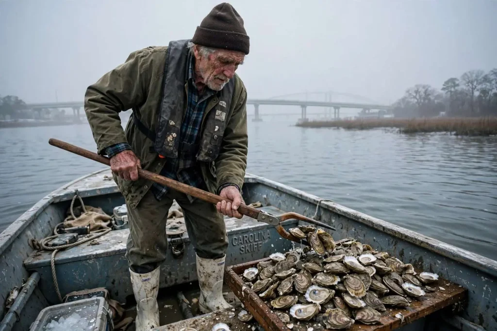Illustration for the news story: At 80, Bayou La Batre Oysterman Bobby Morrison Still Works the Reef by Hand