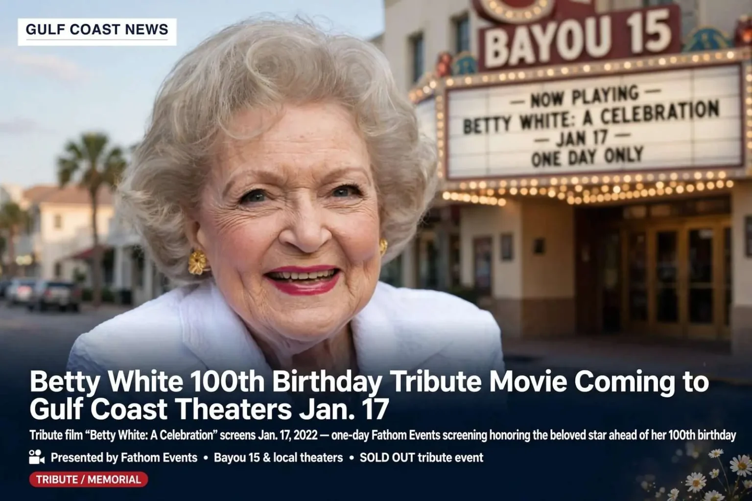 Illustration for the news story: Betty White 100th Birthday Tribute Movie Coming to Gulf Coast Theaters Jan. 17