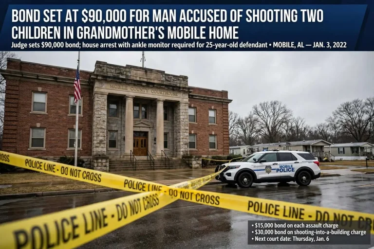 Illustration for the news story: Bond Set at $90,000 for Man Accused of Shooting Two Children in Grandmother’s Mobile Home