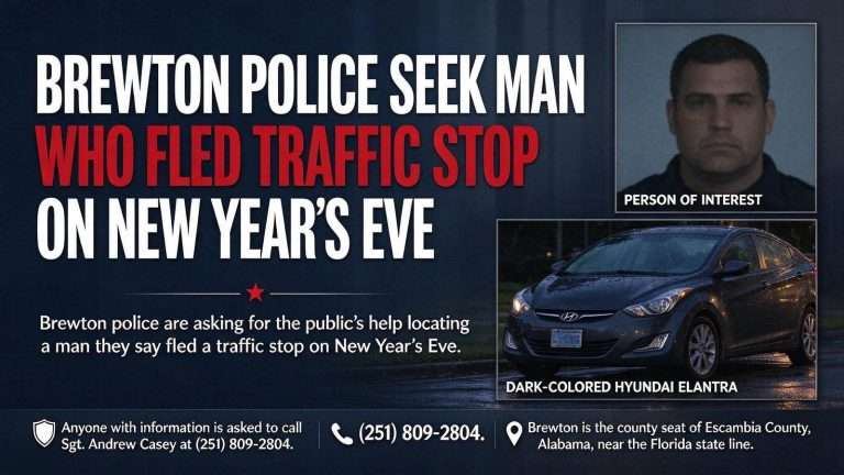 Illustration for the news story: Brewton police seek man who fled traffic stop on New Year’s Eve