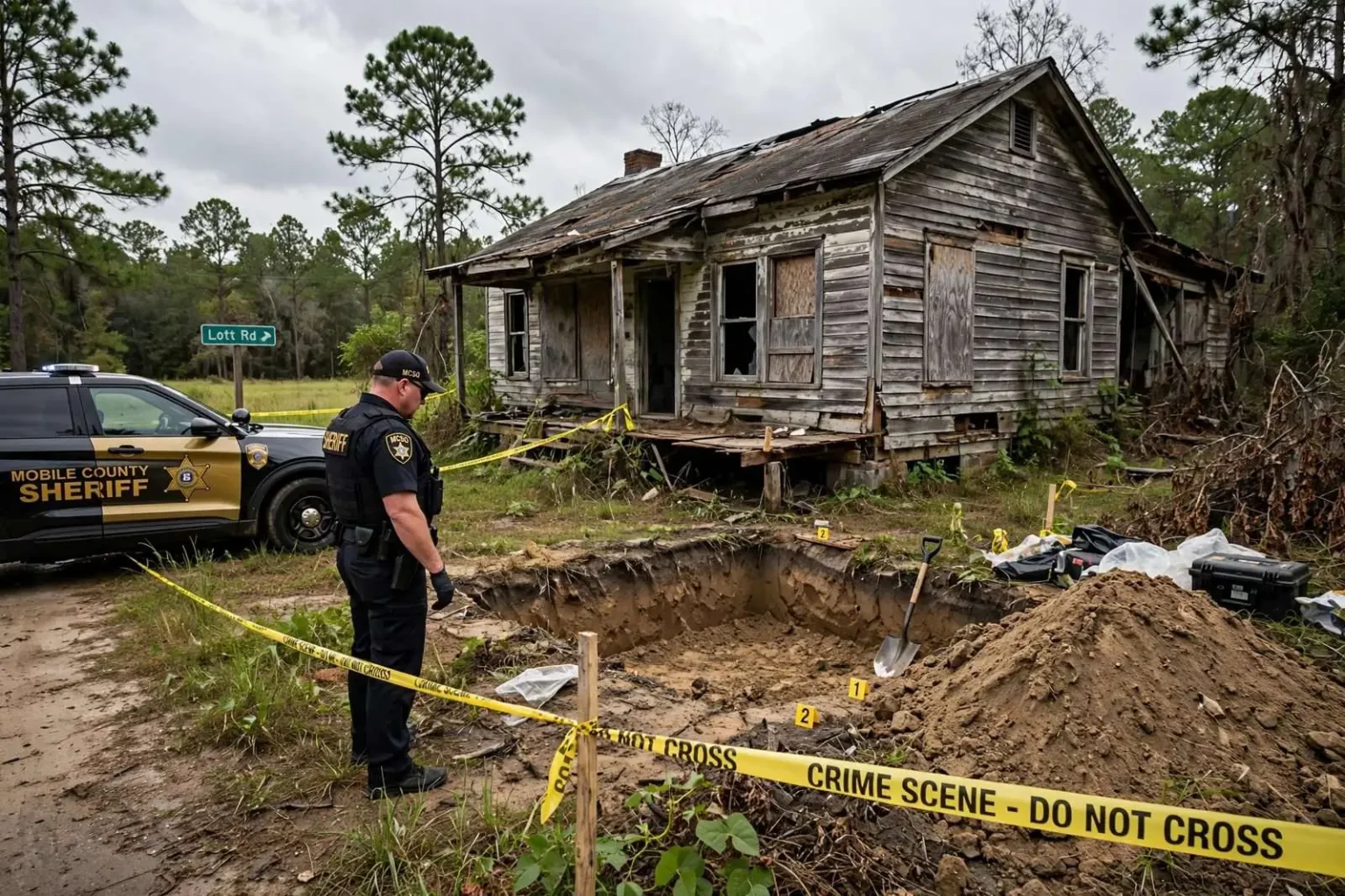 Illustration for the news story: Buried Beneath the Floor: MCSO Identifies Body Found Under Abandoned Lott Road House