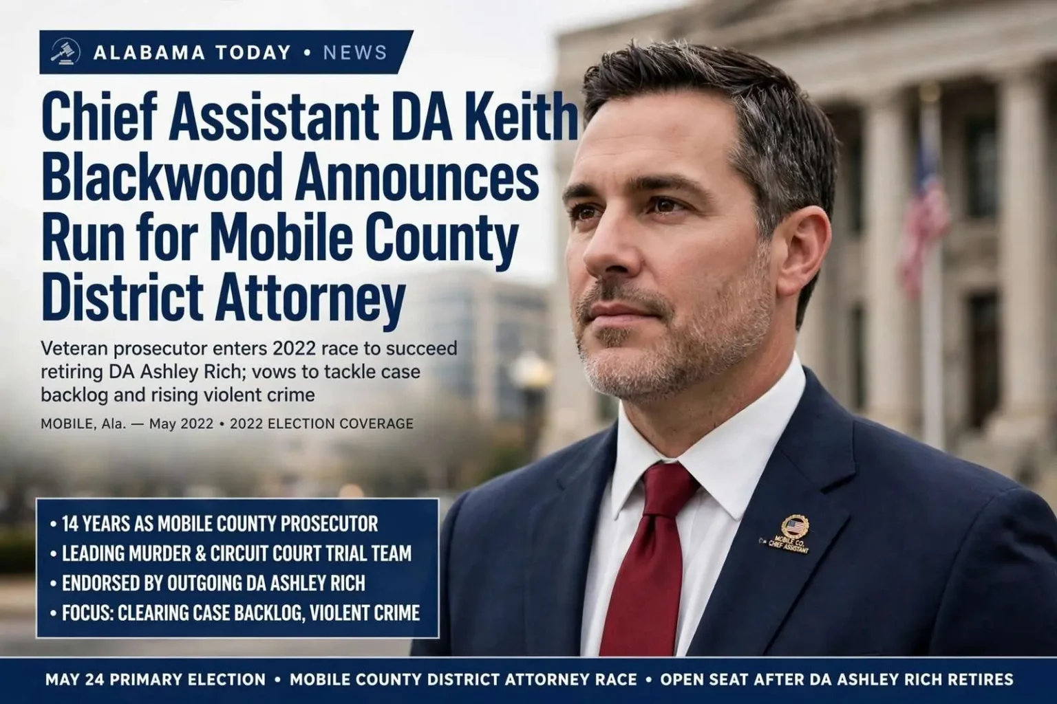 Illustration for the news story: Chief Assistant DA Keith Blackwood Announces Run for Mobile County District Attorney
